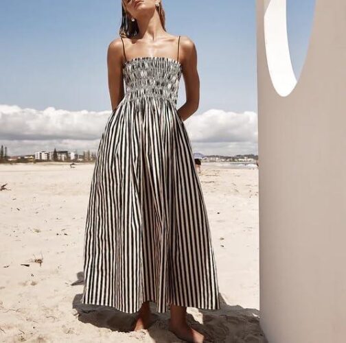 KMBANGI Women Striped Sleeveless Maxi Dress Swing Aline Midi Dress Backless Smocked Spaghetti Strap Boho Flowy Sundress - Image 2
