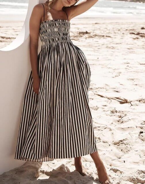 KMBANGI Women Striped Sleeveless Maxi Dress Swing Aline Midi Dress Backless Smocked Spaghetti Strap Boho Flowy Sundress - Image 3