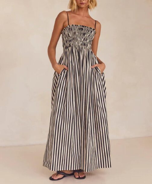 KMBANGI Women Striped Sleeveless Maxi Dress Swing Aline Midi Dress Backless Smocked Spaghetti Strap Boho Flowy Sundress - Image 5