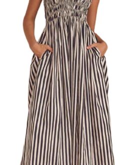 KMBANGI Women Striped Sleeveless Maxi Dress Swing Aline Midi Dress Backless Smocked Spaghetti Strap Boho Flowy Sundress