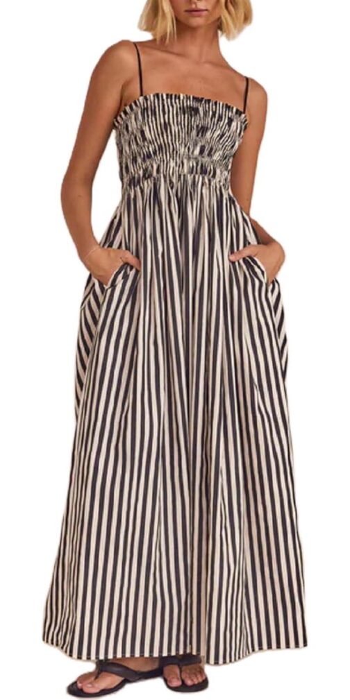 KMBANGI Women Striped Sleeveless Maxi Dress Swing Aline Midi Dress Backless Smocked Spaghetti Strap Boho Flowy Sundress