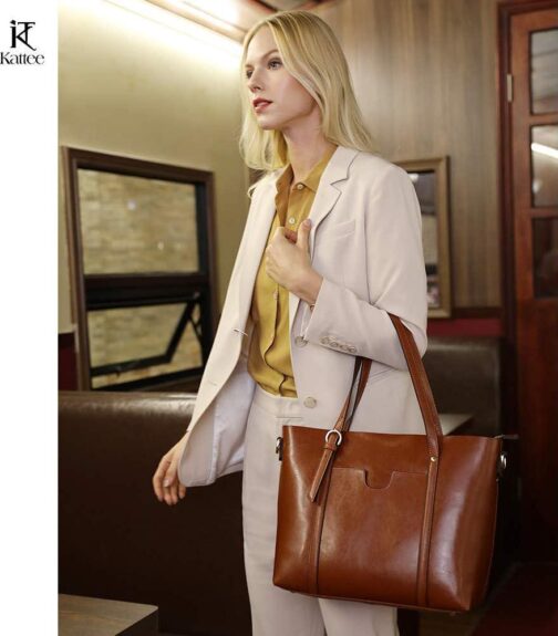 Kattee Genuine Leather Women Tote Bag Soft Handbags Vintage Shoulder Purses Fashion Top Handle Bag Large Capacity - Image 9