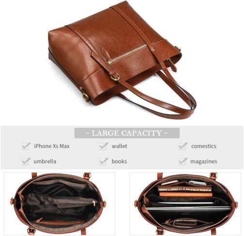 Kattee Genuine Leather Women Tote Bag Soft Handbags Vintage Shoulder Purses Fashion Top Handle Bag Large Capacity - Image 3