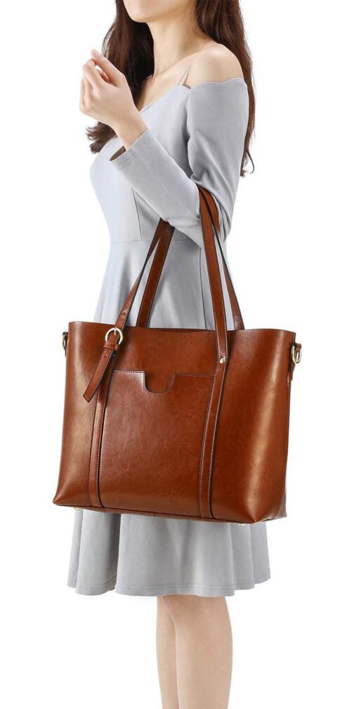 Kattee Genuine Leather Women Tote Bag Soft Handbags Vintage Shoulder Purses Fashion Top Handle Bag Large Capacity - Image 6