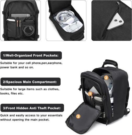 Kono Carry on Backpack, 16  Airplane Approved Under Seat Travel Backpack for Men and Women, Waterproof Lightweight Daypack for Flight 20L (Black, Small) - Image 5