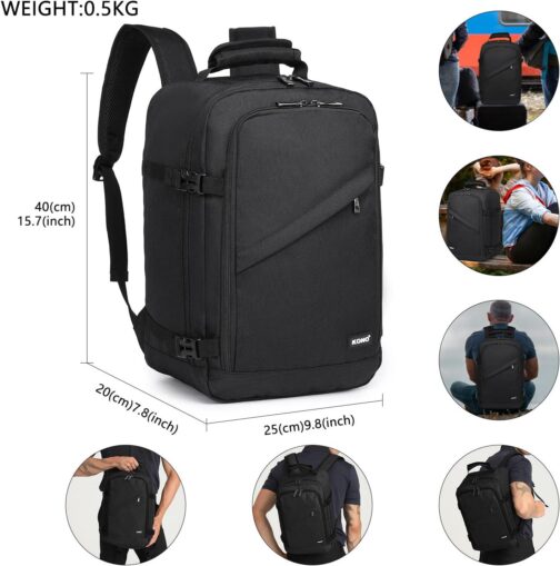 Kono Carry on Backpack, 16  Airplane Approved Under Seat Travel Backpack for Men and Women, Waterproof Lightweight Daypack for Flight 20L (Black, Small) - Image 2