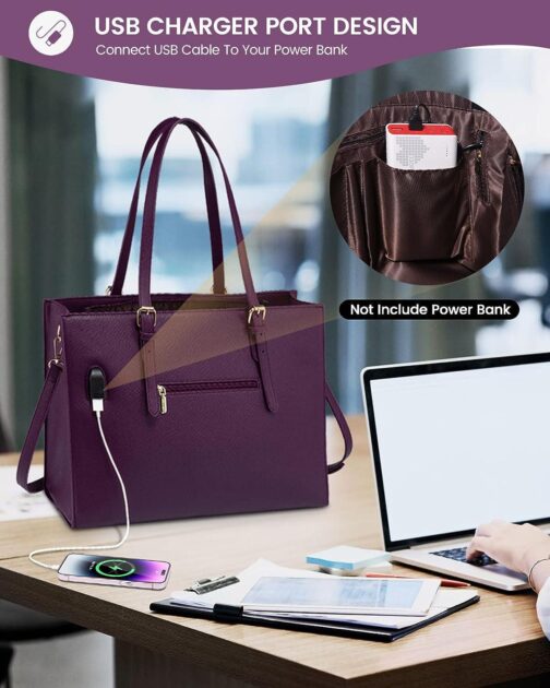 LOVEVOOK 15.6 Inch Laptop Bag for women, Large Waterproof PU Leather Work Briefcase with USB Charging Port Casual Computer Shoulder Messenger Fashion Business Office Tote Handbag Purse, Purple - Image 4