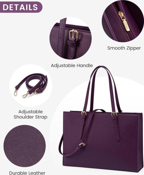 LOVEVOOK 15.6 Inch Laptop Bag for women, Large Waterproof PU Leather Work Briefcase with USB Charging Port Casual Computer Shoulder Messenger Fashion Business Office Tote Handbag Purse, Purple - Image 6