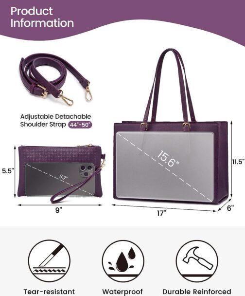 LOVEVOOK 15.6 Inch Laptop Bag for women, Large Waterproof PU Leather Work Briefcase with USB Charging Port Casual Computer Shoulder Messenger Fashion Business Office Tote Handbag Purse, Purple - Image 3