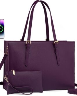 LOVEVOOK 15.6 Inch Laptop Bag for women, Large Waterproof PU Leather Work Briefcase with USB Charging Port Casual Computer Shoulder Messenger Fashion Business Office Tote Handbag Purse, Purple
