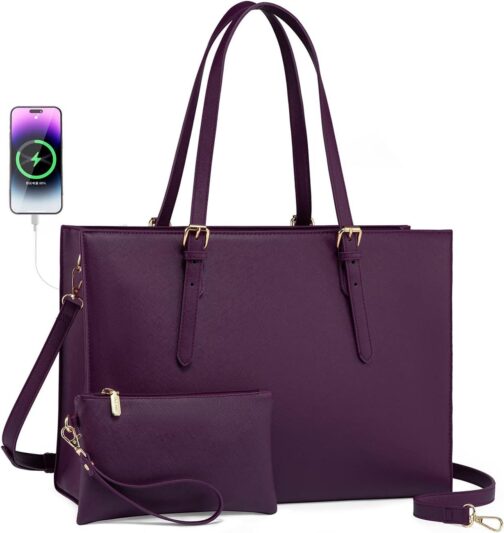 LOVEVOOK 15.6 Inch Laptop Bag for women, Large Waterproof PU Leather Work Briefcase with USB Charging Port Casual Computer Shoulder Messenger Fashion Business Office Tote Handbag Purse, Purple