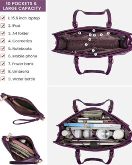 LOVEVOOK 15.6 Inch Laptop Bag for women, Large Waterproof PU Leather Work Briefcase with USB Charging Port Casual Computer Shoulder Messenger Fashion Business Office Tote Handbag Purse, Purple