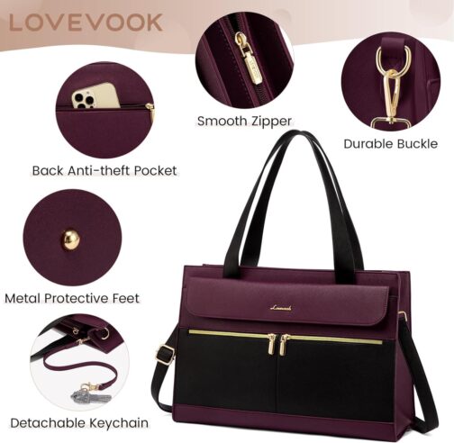 LOVEVOOK Laptop Bag for Women 15.6 Inch Laptop Tote Work Bag Professional Leather Computer Briefcase Waterproof Business Teacher Office Bag Handbag - Image 3