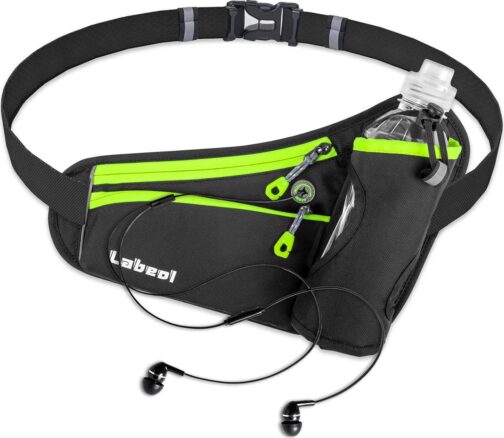 Labeol Running Belt with Water Bottles Adjustable 2 Zipper Pockets Running Waist Pack Hydration Bag for Men and Women Running Fanny Pack with Water Bottles for Running Hiking Climbing Jogging (Green)