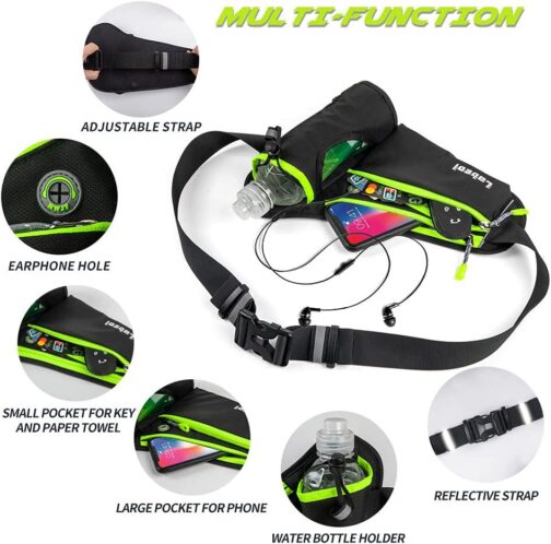 Labeol Running Belt with Water Bottles Adjustable 2 Zipper Pockets Running Waist Pack Hydration Bag for Men and Women Running Fanny Pack with Water Bottles for Running Hiking Climbing Jogging (Green) - Image 5