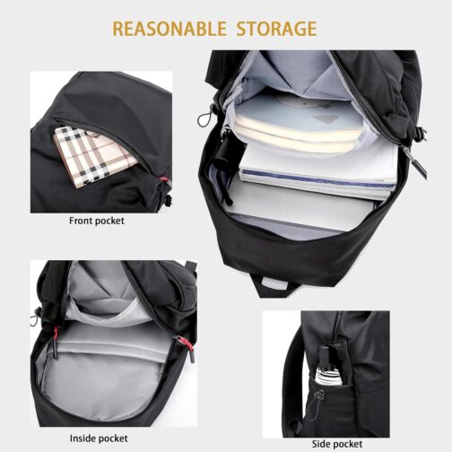 Laptop Backpack for Men Women Waterproof Black College Backpacks Lightweight Travel Rucksack Middle School Bag For Girls Boys (Black) - Image 4