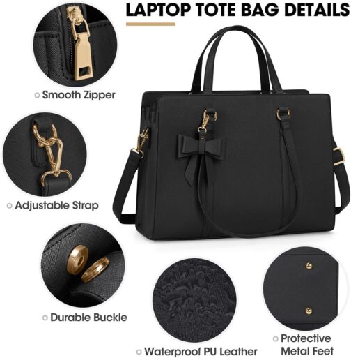 Laptop Bag for Women 15.6 inch Laptop Tote Bag Waterproof Leather Computer Bag Large Lightweight Briefcase Professional Business Office Work Bag Black - Image 4