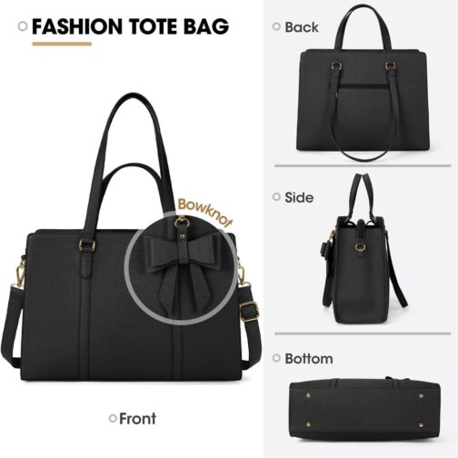 Laptop Bag for Women 15.6 inch Laptop Tote Bag Waterproof Leather Computer Bag Large Lightweight Briefcase Professional Business Office Work Bag Black - Image 5