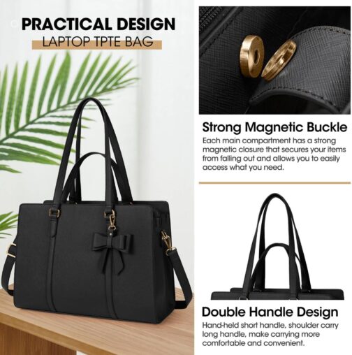 Laptop Bag for Women 15.6 inch Laptop Tote Bag Waterproof Leather Computer Bag Large Lightweight Briefcase Professional Business Office Work Bag Black - Image 6
