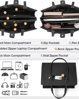 Laptop Bag for Women 15.6 inch Laptop Tote Bag Waterproof Leather Computer Bag Large Lightweight Briefcase Professional Business Office Work Bag Black
