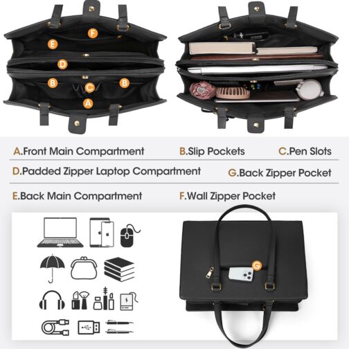 Laptop Bag for Women 15.6 inch Laptop Tote Bag Waterproof Leather Computer Bag Large Lightweight Briefcase Professional Business Office Work Bag Black - Image 2