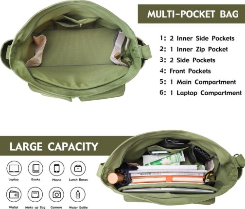 Laptop Messenger Bag for Women Men, Canvas Tote Cross-body Shoulder Bag with Laptop Sleeve, Canvas Messenger Bag for Work - Image 3