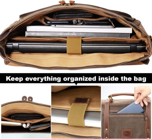 Waterproof Vintage Leather Laptop Messenger Bag, 15.6 Inch, 16 Storage Pockets - Image 5