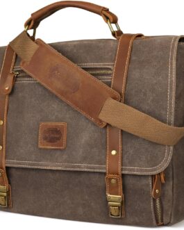 Waterproof Vintage Leather Laptop Messenger Bag, 15.6 Inch, 16 Storage Pockets