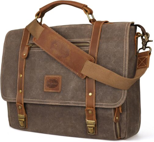 Waterproof Vintage Leather Laptop Messenger Bag, 15.6 Inch, 16 Storage Pockets