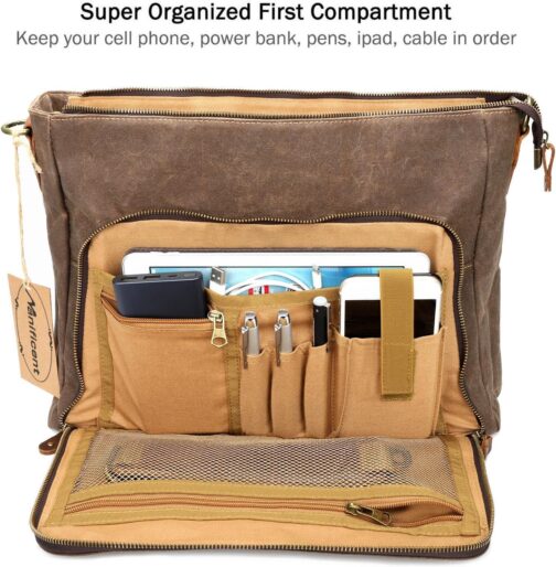 Waterproof Vintage Leather Laptop Messenger Bag, 15.6 Inch, 16 Storage Pockets - Image 3