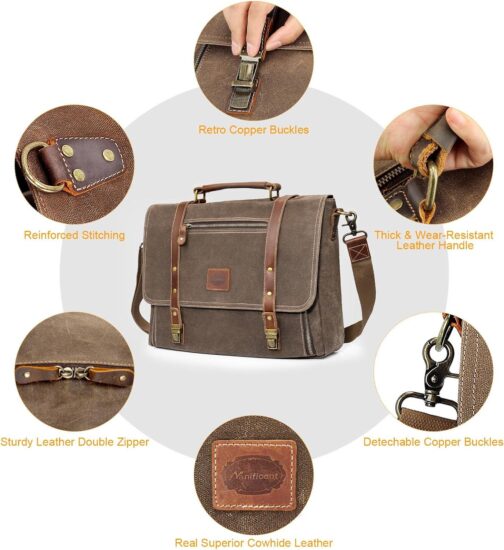 Waterproof Vintage Leather Laptop Messenger Bag, 15.6 Inch, 16 Storage Pockets - Image 7