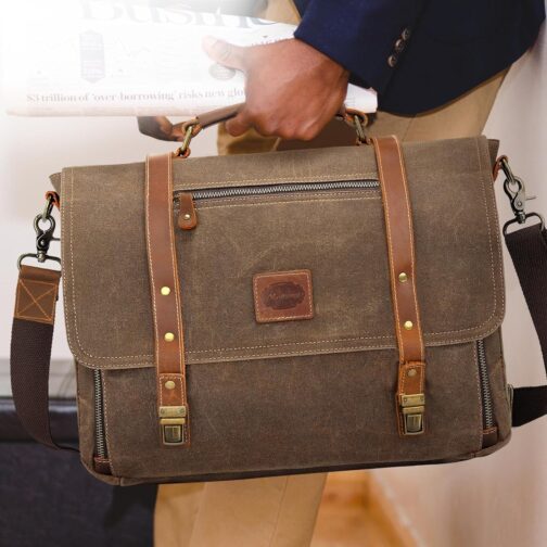 Waterproof Vintage Leather Laptop Messenger Bag, 15.6 Inch, 16 Storage Pockets - Image 8