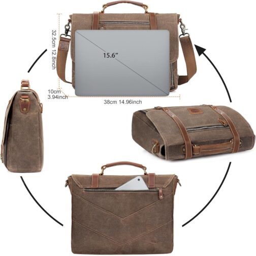 Waterproof Vintage Leather Laptop Messenger Bag, 15.6 Inch, 16 Storage Pockets - Image 6