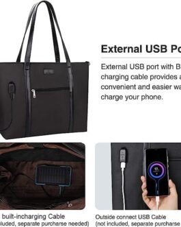 Laptop Tote Bag for Women 17.3 Inch Laptop Bag Waterproof Nylon Teacher Bag Work Bag with USB Charging Port Computer Tote Bag Large Laptop Bag for Women Handbag Satchel Shoulder Bag