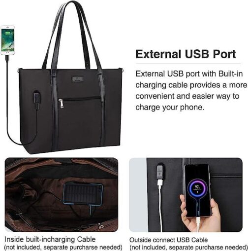Laptop Tote Bag for Women 17.3 Inch Laptop Bag Waterproof Nylon Teacher Bag Work Bag with USB Charging Port Computer Tote Bag Large Laptop Bag for Women Handbag Satchel Shoulder Bag - Image 2