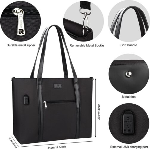 Laptop Tote Bag for Women 17.3 Inch Laptop Bag Waterproof Nylon Teacher Bag Work Bag with USB Charging Port Computer Tote Bag Large Laptop Bag for Women Handbag Satchel Shoulder Bag - Image 5