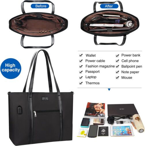Laptop Tote Bag for Women 17.3 Inch Laptop Bag Waterproof Nylon Teacher Bag Work Bag with USB Charging Port Computer Tote Bag Large Laptop Bag for Women Handbag Satchel Shoulder Bag - Image 8