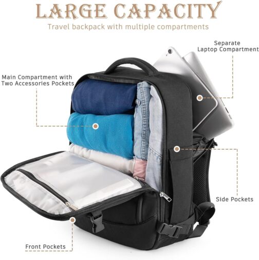 Large Backpack for Men Women, Travel Backpack Flight-approved Personal Item Size, 40L Carry on Backpack Casual Daypack, Black - Image 4