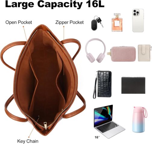 Large Tote Bag for Women Work with Zipper 16L Vegan Leather Ladies Travel Purses and Handbags - Image 4