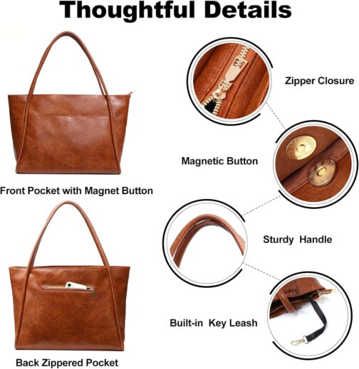 Large Tote Bag for Women Work with Zipper 16L Vegan Leather Ladies Travel Purses and Handbags - Image 3