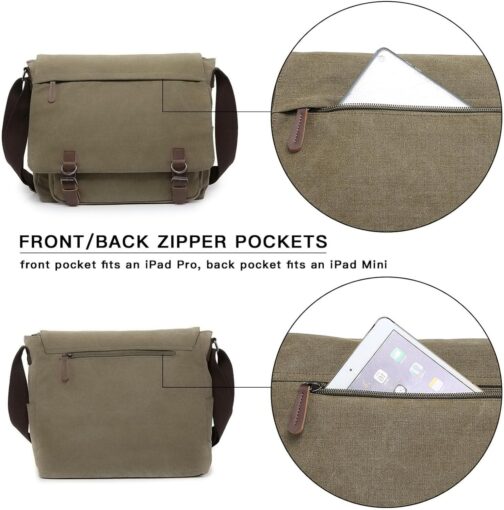 Large Vintage Canvas Messenger Bag for 15" Laptop, Travel Crossbody Briefcase - Image 3