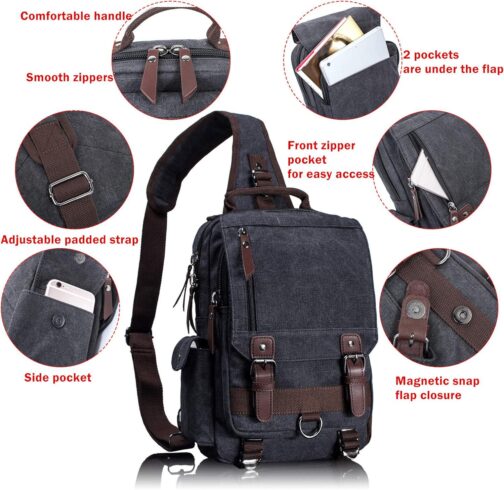Leaper Canvas Crossbody Messenger Bag for Men and Women, Black, Large - Image 2