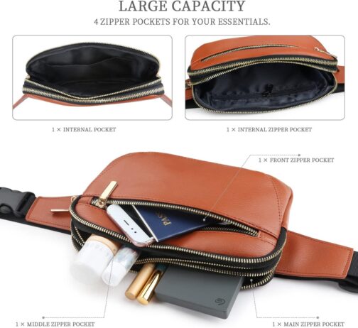 Leather Fanny Packs for Women Fashionable Plus Size Black Fanny Pack for Men Cute Crossbody Bags Belt Bag Waist Pack With Large Capacity Casual Hip Bum Bag for Disney Travel Running Hiking Pink Brown - Image 4
