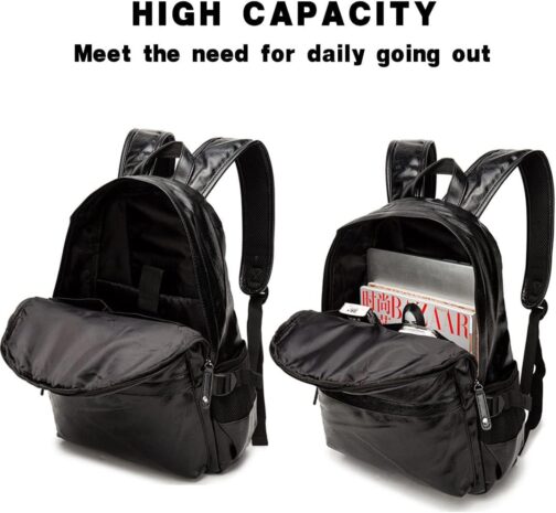 Leather Laptop Backpack for Men Women, School College Bookbag Casual Travel Daypack (Black) - Image 3