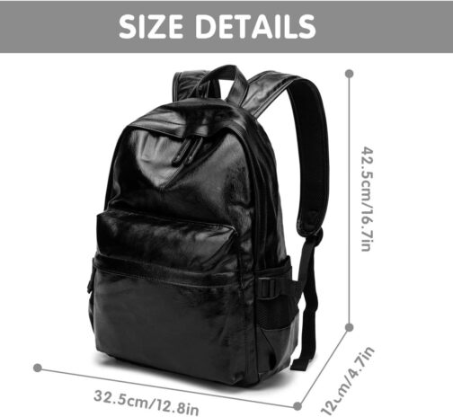 Leather Laptop Backpack for Men Women, School College Bookbag Casual Travel Daypack (Black) - Image 2