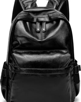 Leather Laptop Backpack for Men Women, School College Bookbag Casual Travel Daypack (Black)