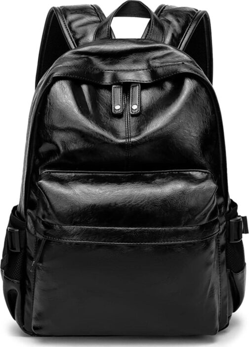 Leather Laptop Backpack for Men Women, School College Bookbag Casual Travel Daypack (Black)