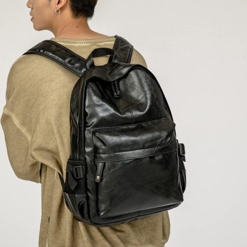 Leather Laptop Backpack for Men Women, School College Bookbag Casual Travel Daypack (Black) - Image 5