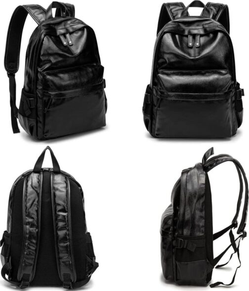 Leather Laptop Backpack for Men Women, School College Bookbag Casual Travel Daypack (Black) - Image 6
