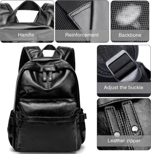 Leather Laptop Backpack for Men Women, School College Bookbag Casual Travel Daypack (Black) - Image 4